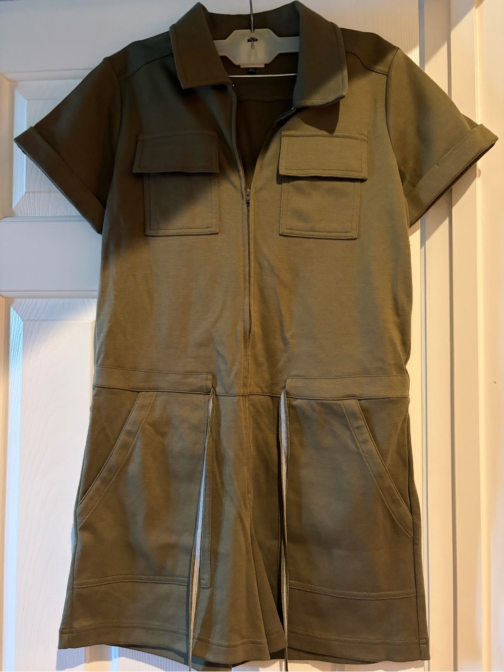 CAbi Olive Short-Sleeve Zip Romper
